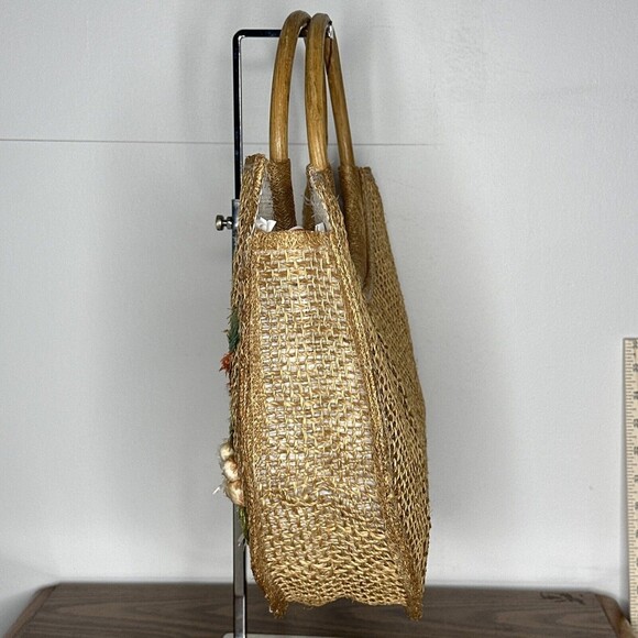 Womens Hand Bag Tote Weaved Jute Floral Vase Design Wooden Handles Summer Beach - Picture 4 of 14